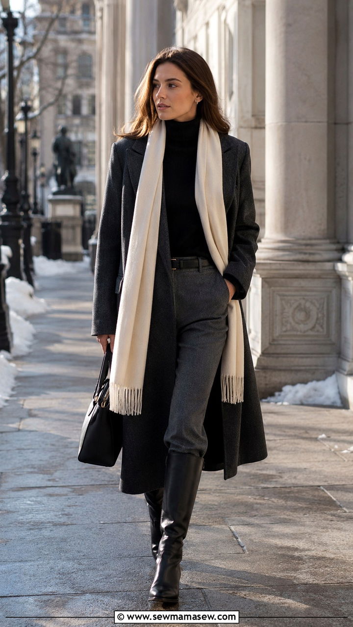 Old money cold weather travel outfit with wool coat and scarf - 30 Old money travel outfit ideas