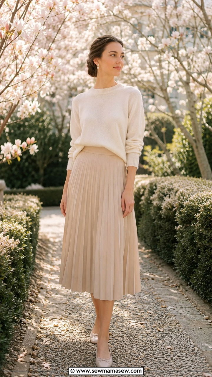 Old money spring travel outfit with pleated skirt and cashmere sweater - 30 Old money travel outfit ideas