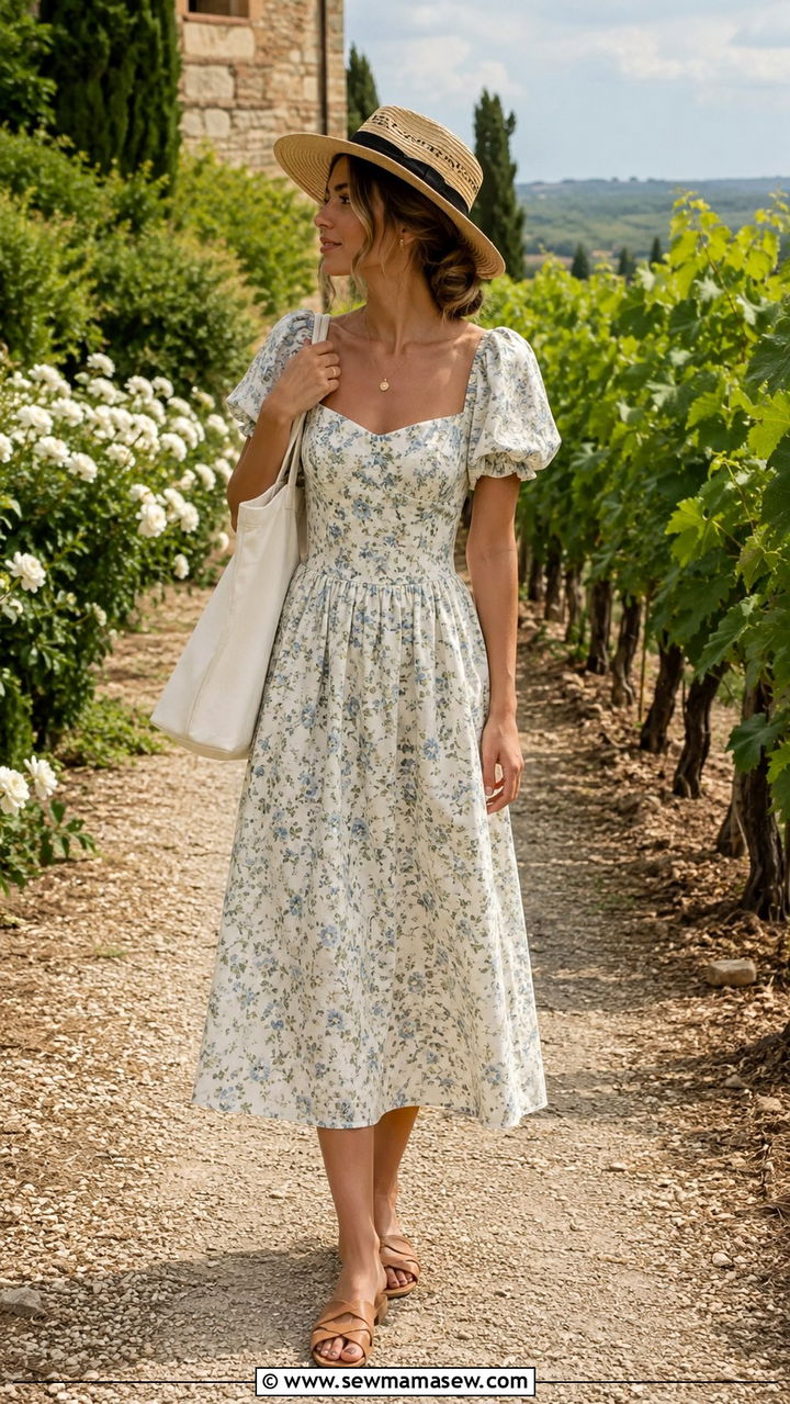 Old money summer travel outfit with floral midi dress - 30 Old money travel outfit ideas