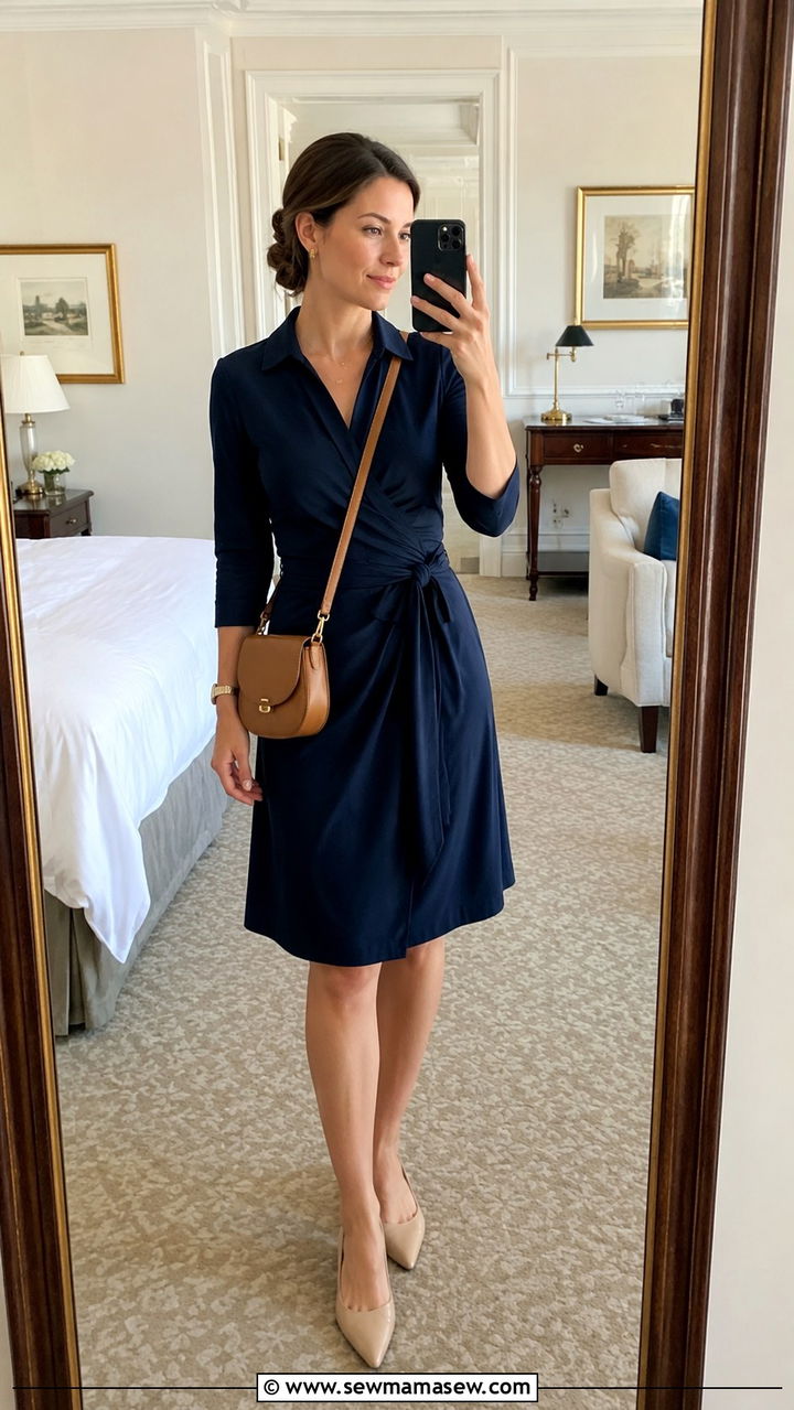Old money travel outfit with navy wrap dress - 30 Old money travel outfit ideas