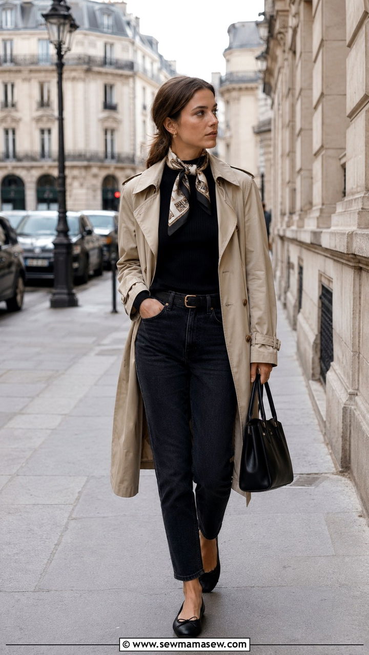 Old money travel outfit with silk scarf and trench - 30 Old money travel outfit ideas