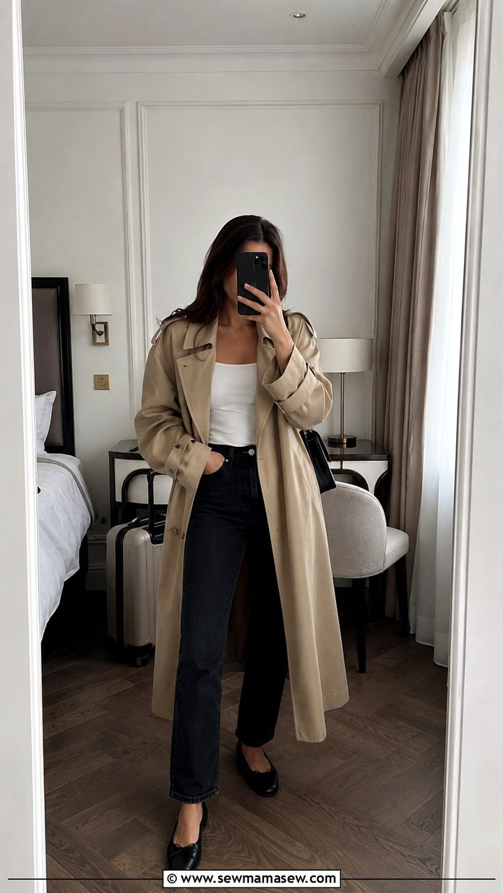 Old money travel outfit with trench coat and ballet flats - 30 Old money travel outfit ideas