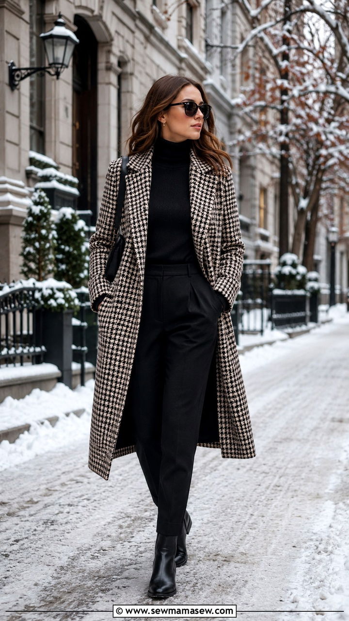 Old money winter city travel outfit with houndstooth coat - 30 Old money travel outfit ideas
