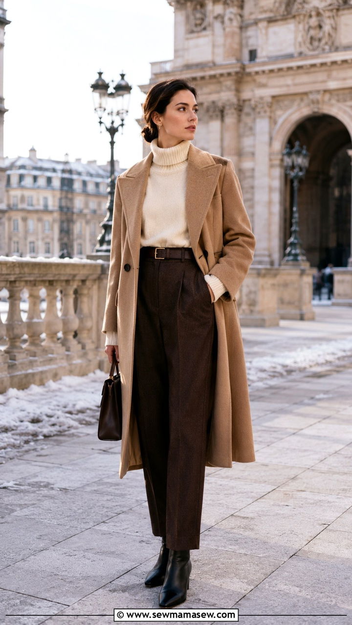 Old money winter travel outfit with camel coat and turtleneck - 30 Old money travel outfit ideas
