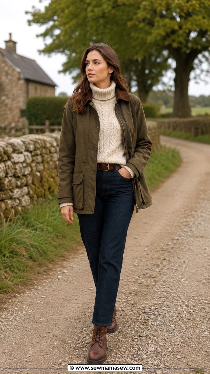 Olive Barn Jacket Over Cream Cable Knit Turtleneck And Dark Denim - 25 Old money outfit ideas with barn jacket