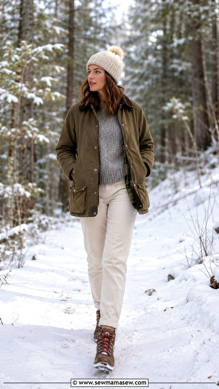Olive Barn Jacket With Corduroy Pants And Hiking Inspired Boots - 25 Old money outfit ideas with barn jacket