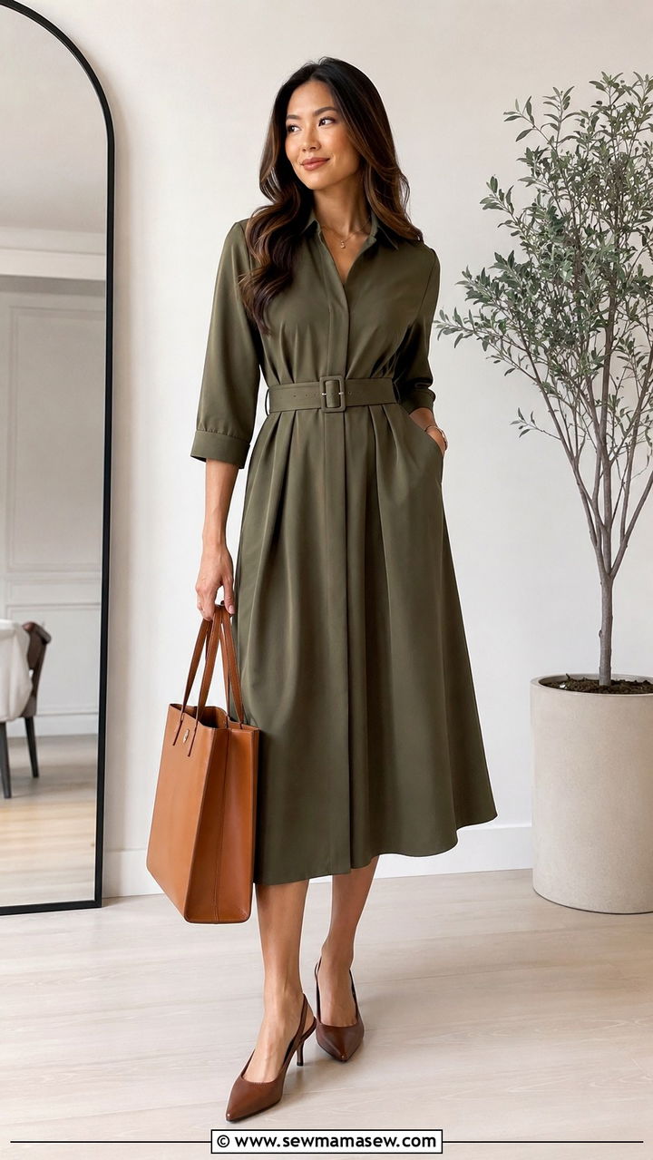 Olive Belted Midi Dress With Brown Slingback Heels - 30 Midi dress for work outfit ideas