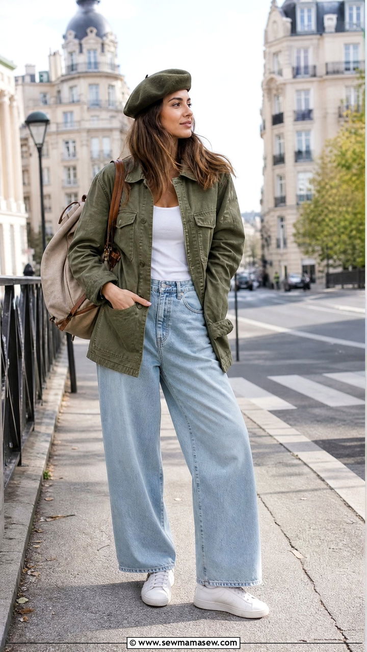 Olive Beret With Utility Jacket And Wide Leg Denim - 25 How to style a beret