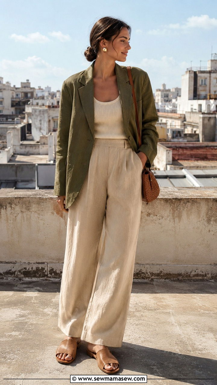 Olive Blazer With Beige Wide Leg Trousers Outfit - 25 Quiet luxury dupes outfit ideas