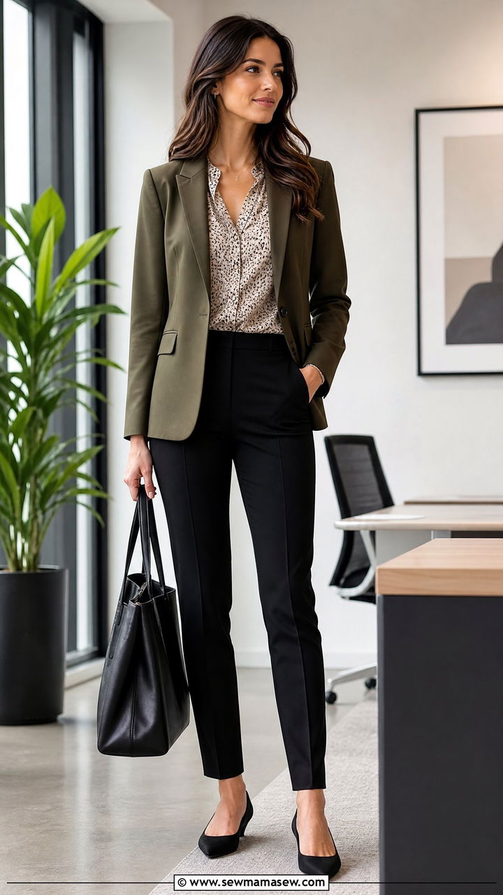 Olive Blazer With Printed Blouse And Slim Black Pants - 35 Modern office outfit ideas