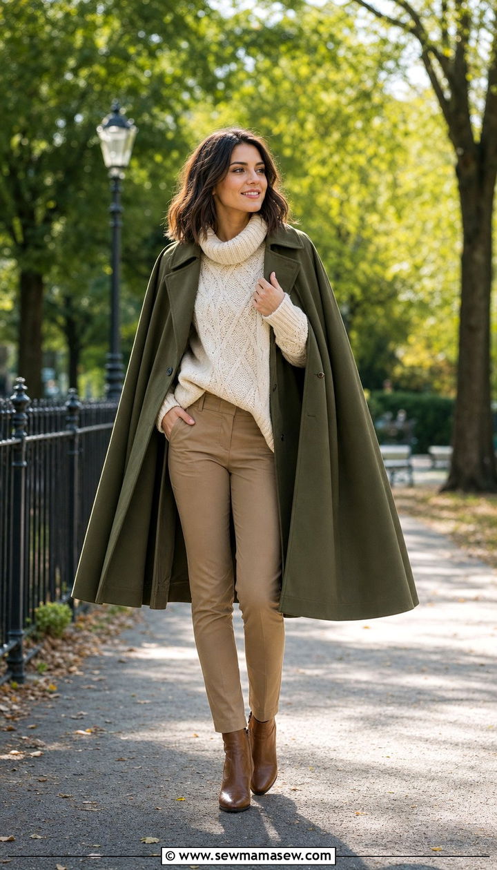 Olive Cape Coat with Neutral Layers and Ankle Boots - 35 Cape coat outfit ideas