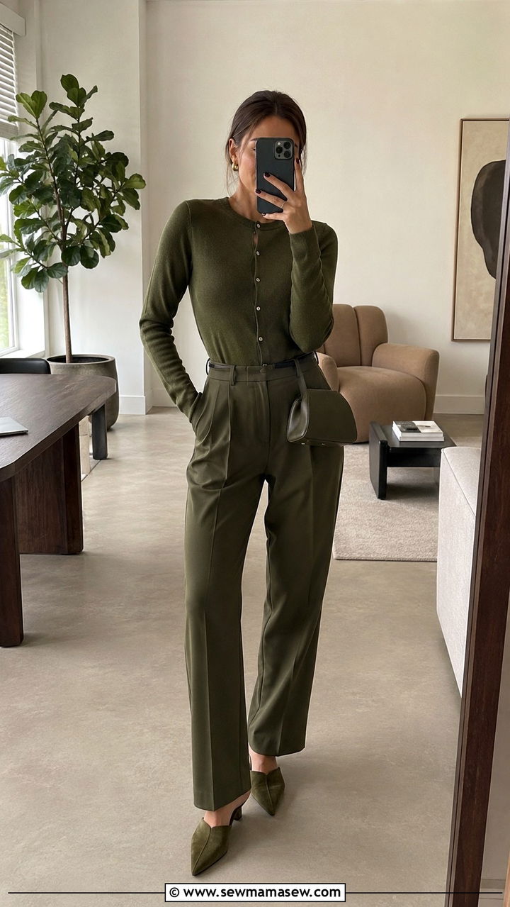 Olive Cardigan And Matching Trousers - 30 Monochromatic olive outfits