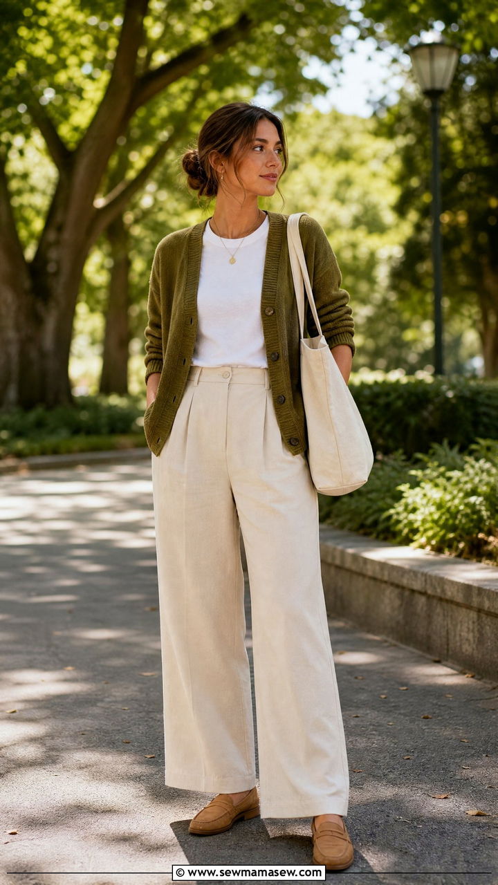 Olive Cardigan With Cream Trousers - 35 librarian core outfits