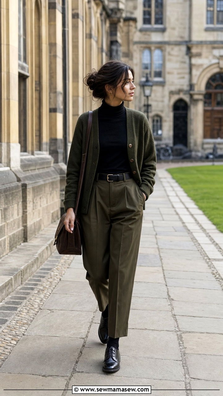 Olive Cardigan With Matching Trousers - 25 dark academia outfits aesthetic