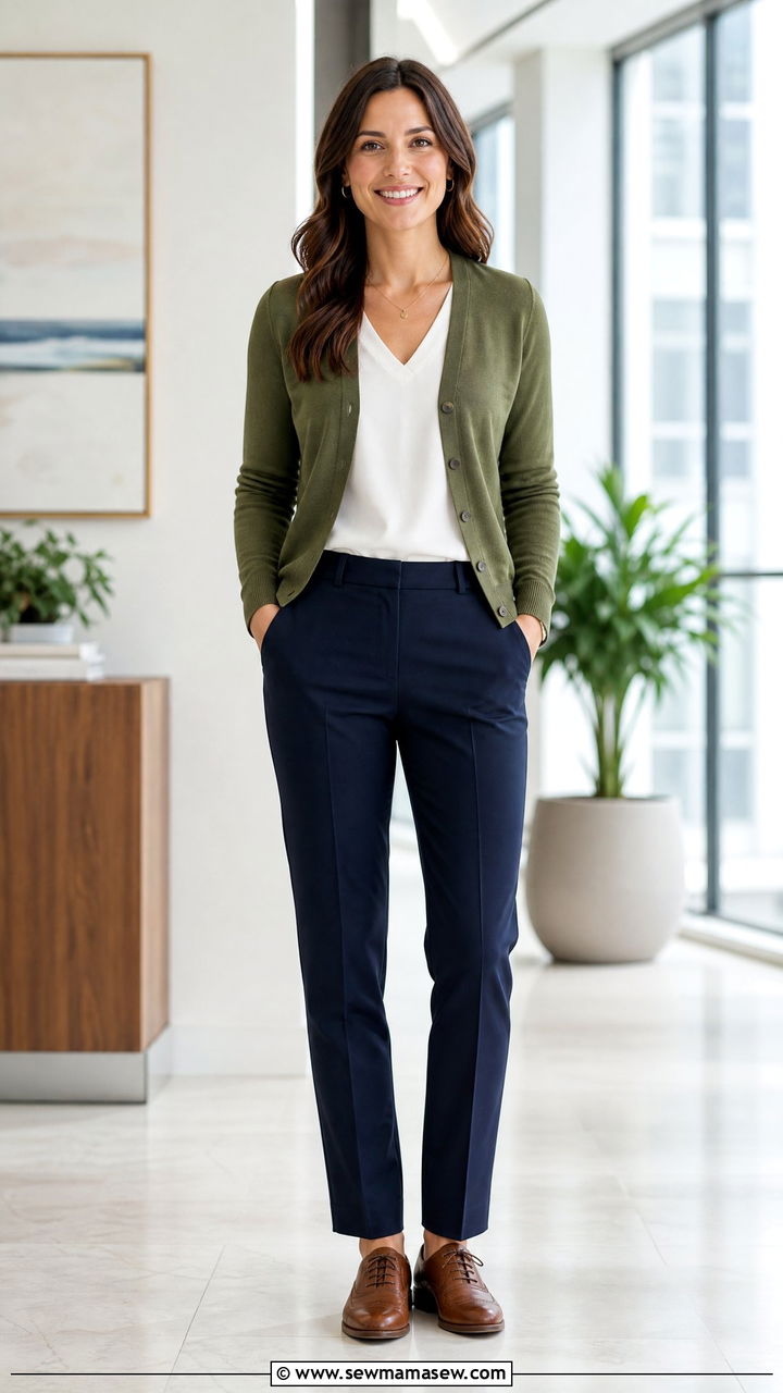 Olive Cardigan With Navy Trousers And White Blouse - 25 Business casual outfits with cardigan