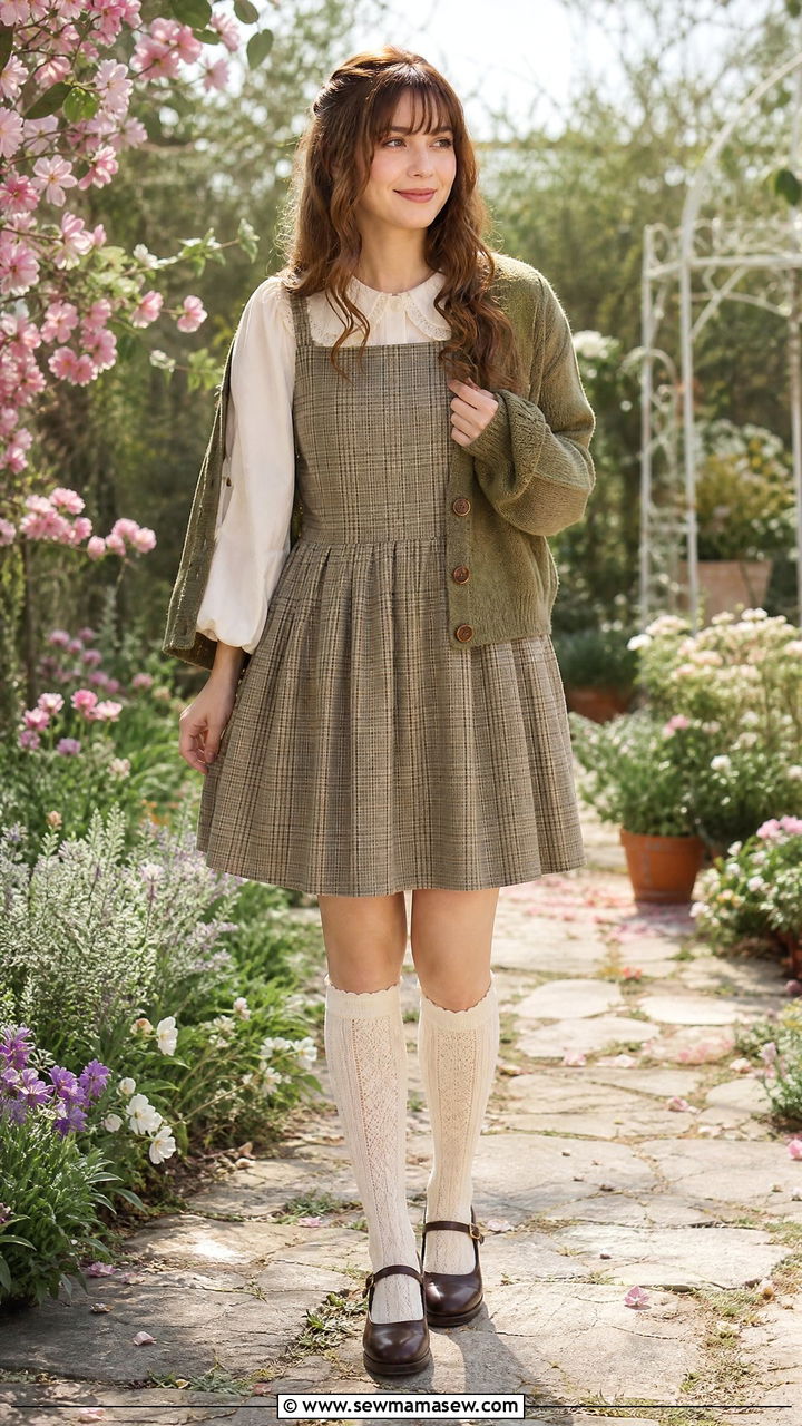 Olive Cardigan With Plaid Pinafore Dress Outfit - 30 Dark academia spring outfits