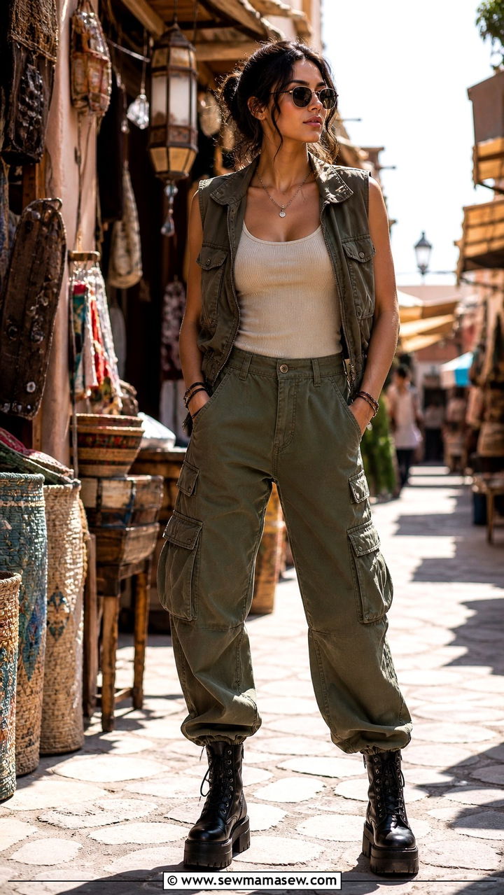 Olive Cargo Jeans With Tank Top And Utility Vest - 40 Colored jeans outfit ideas