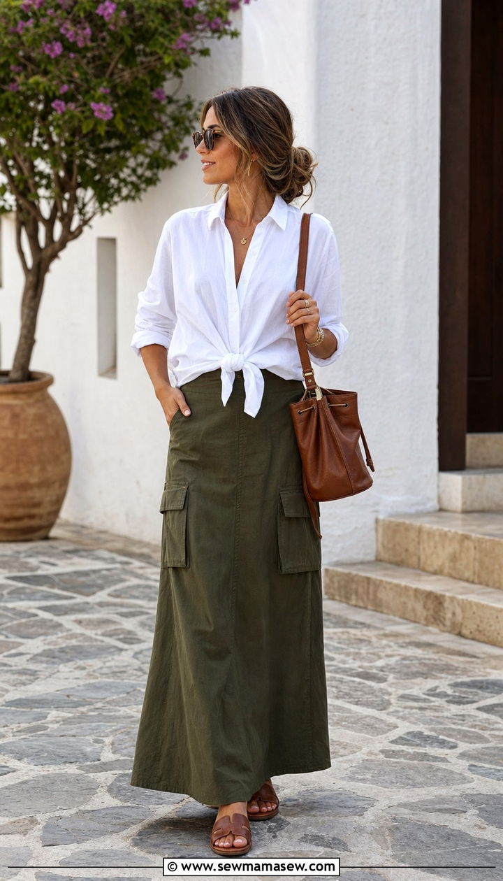 Olive Cargo Maxi Skirt With White Poplin Shirt And Leather Slides - 35 cargo skirt outfit ideas