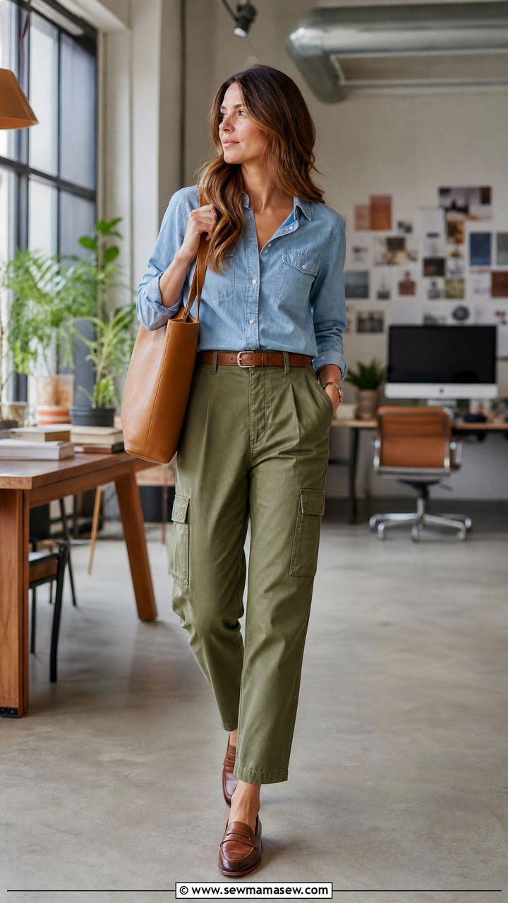 Olive Cargo Pants With A Chambray Shirt And Brown Loafers - 25 Cargo pants outfit ideas for work