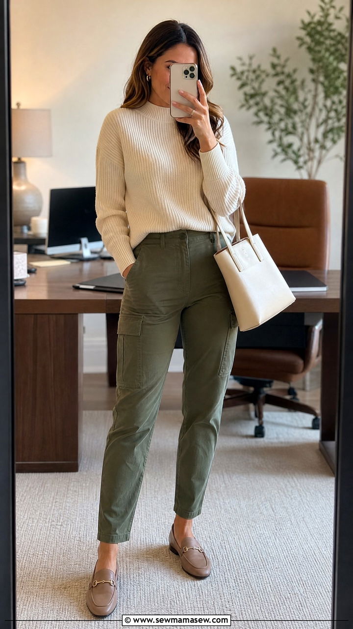 Olive Cargo Pants With A Cream Ribbed Knit And Taupe Loafers - 25 Cargo pants outfit ideas for work
