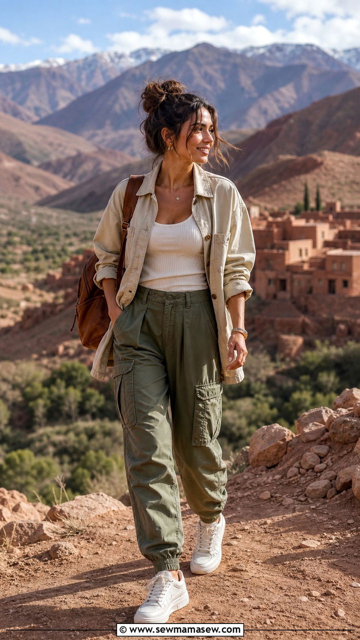 Olive Cargo Pants With A Fitted Ribbed Top And Utility Jacket - 40 Marrakech outfit ideas