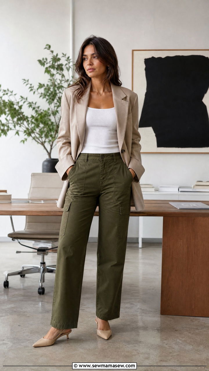 Olive Cargo Pants With A White Tank And Beige Oversized Blazer - 25 Cargo pants outfit ideas for work