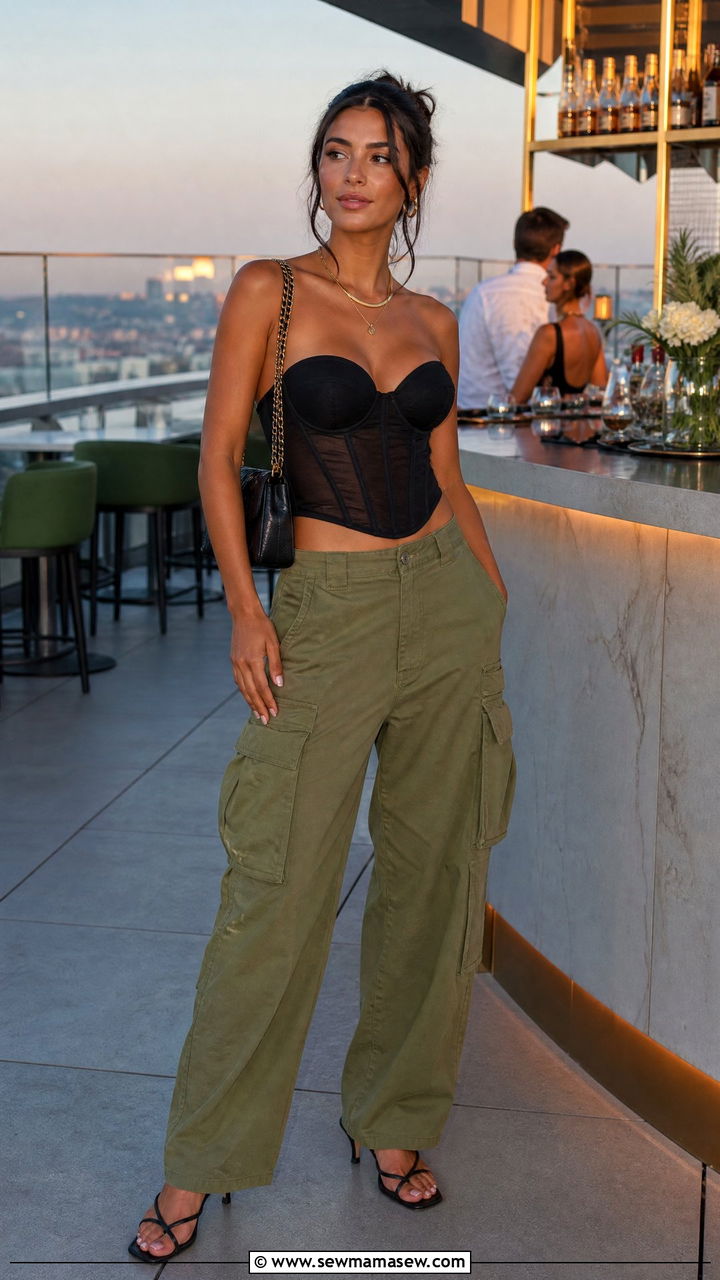 Olive Cargo Pants With Black Corset Top and Kitten Heels - 30 summer utility chic outfit ideas