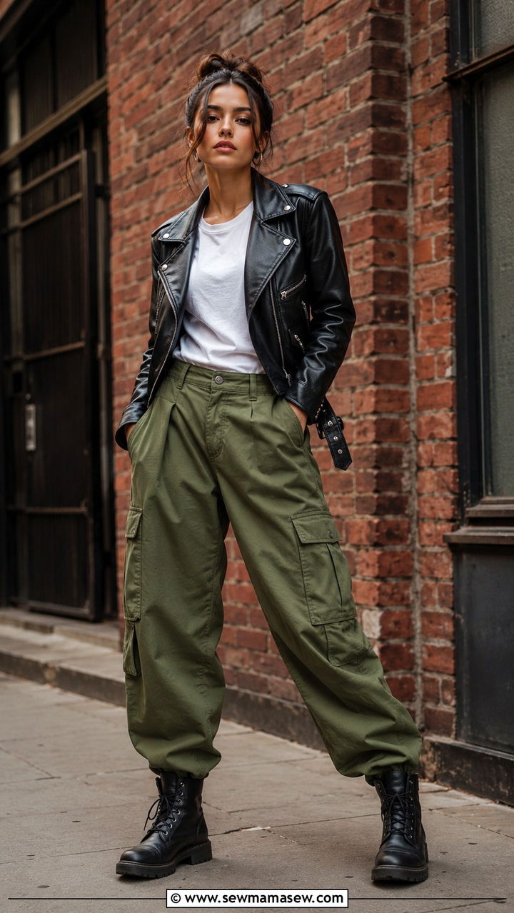 Olive Cargo Pants With Black Leather Jacket - 30 Olive cargo pants outfit ideas