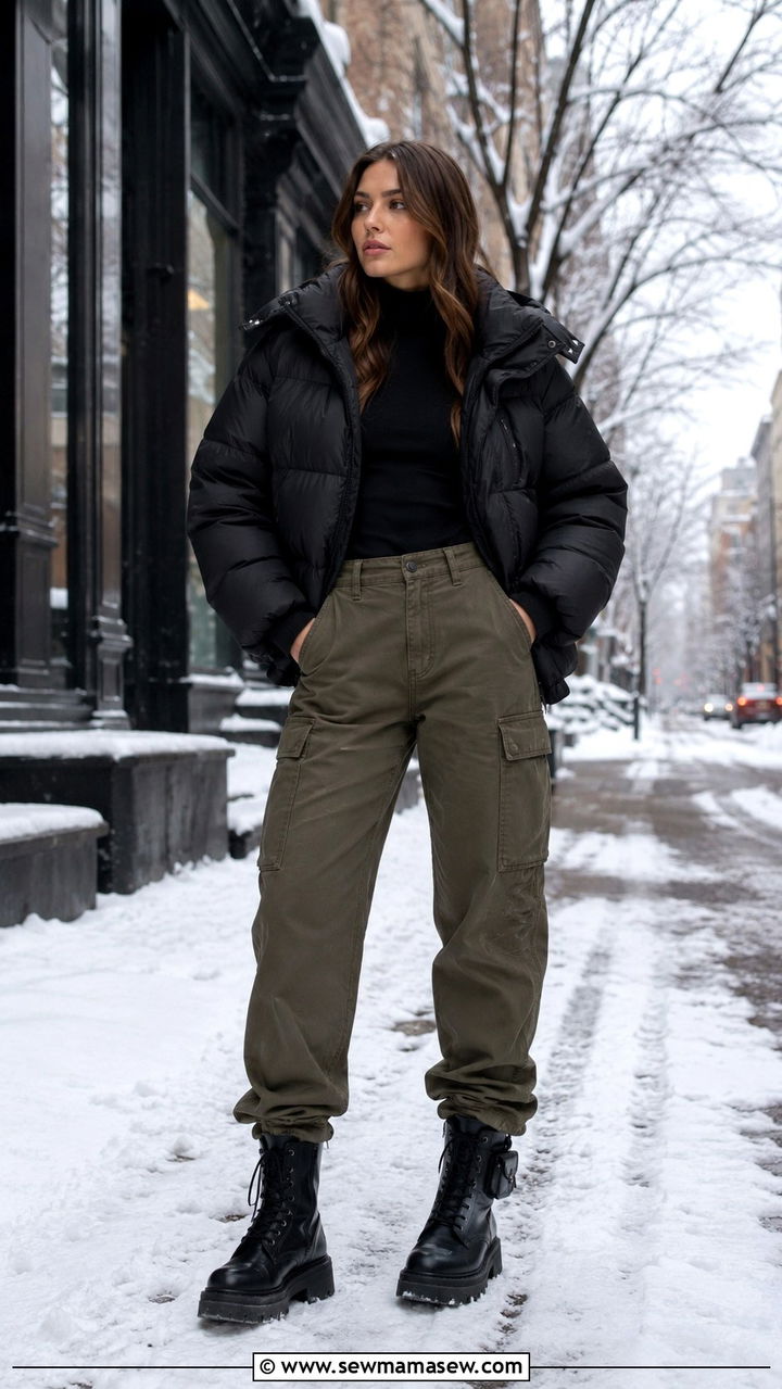 Olive Cargo Pants With Black Puffer Jacket - 30 Olive cargo pants outfit ideas