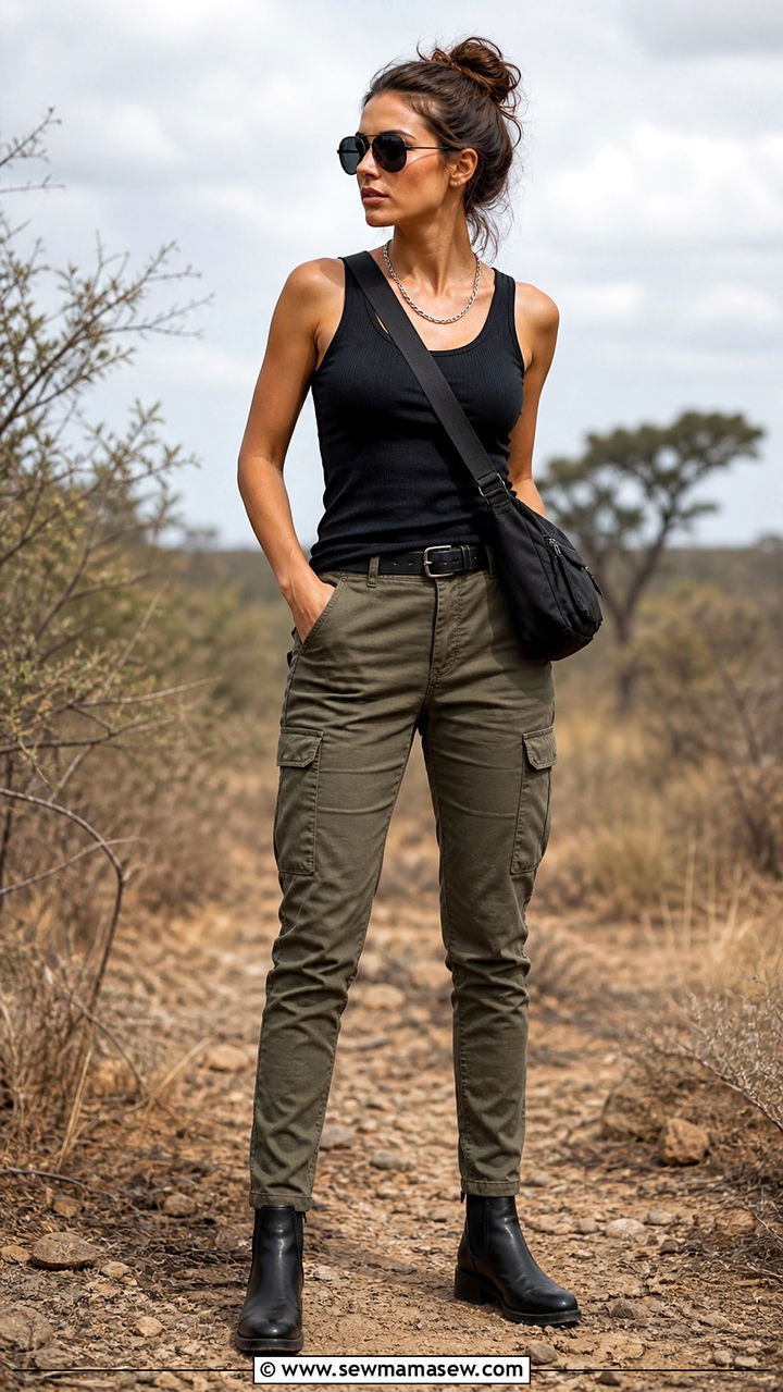 Olive Cargo Pants With Black Tank Safari Outfit - 40 Safari outfit ideas
