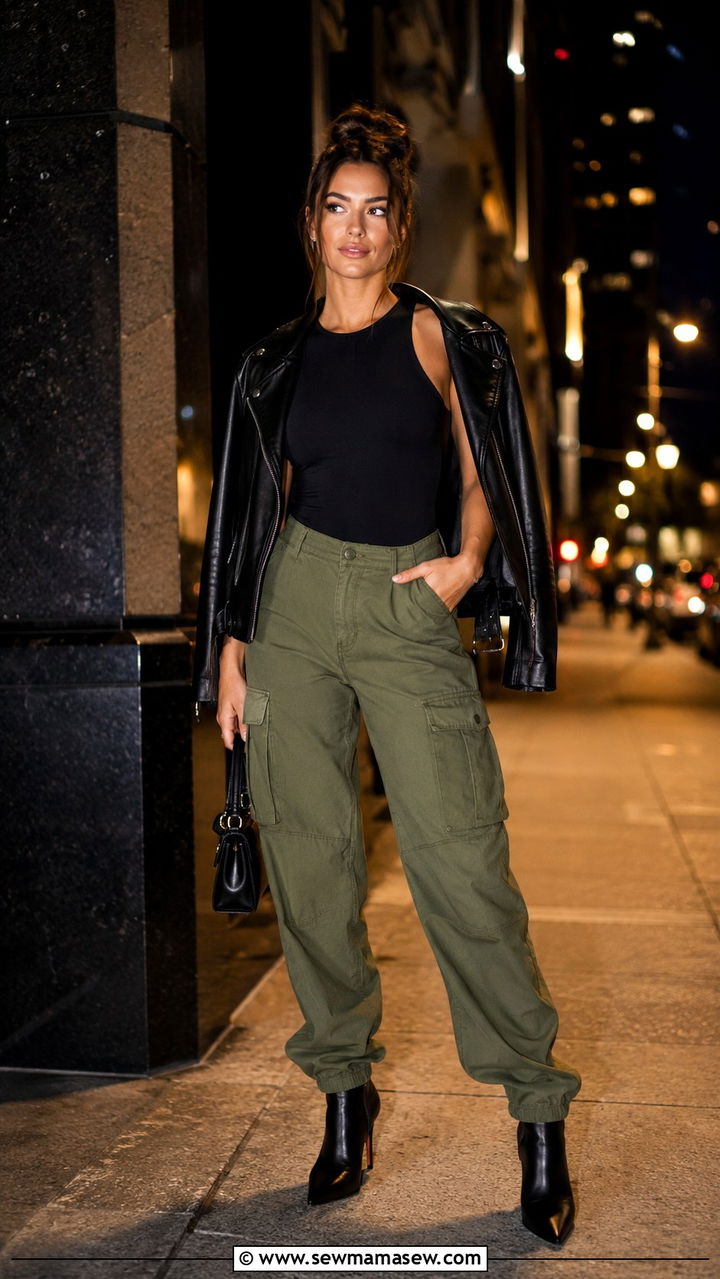 Olive Cargo Pants With Bodysuit And Leather Jacket - 30 Olive cargo pants outfit ideas
