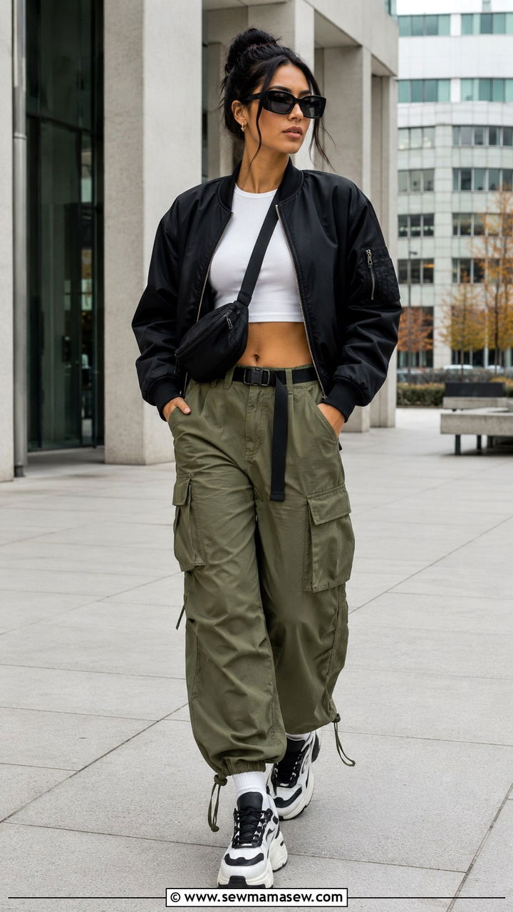 Olive Cargo Pants With Bomber Jacket And Platform Trainers - 20 cargo pants outfits 2026