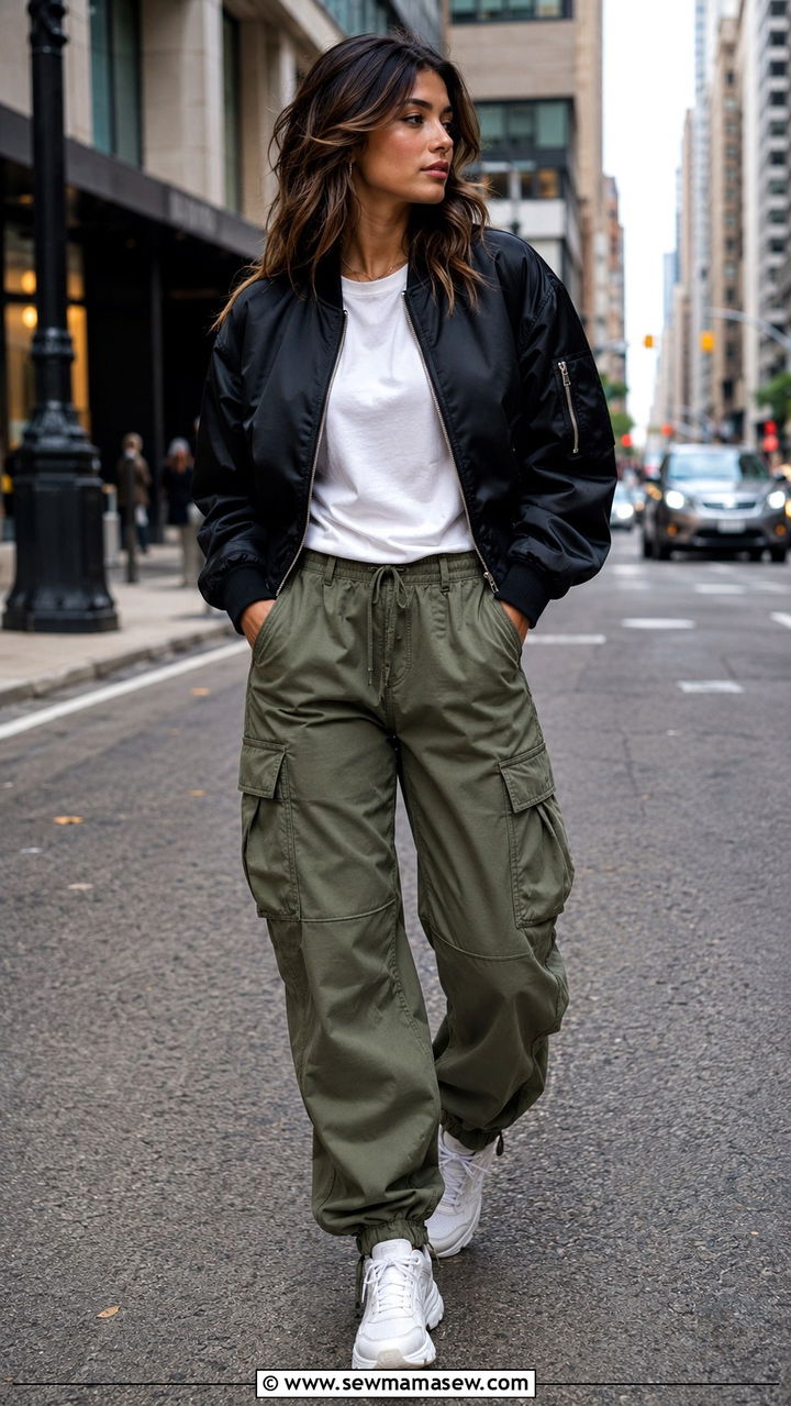 Olive Cargo Pants With Bomber Jacket And Sneakers - 30 Olive cargo pants outfit ideas