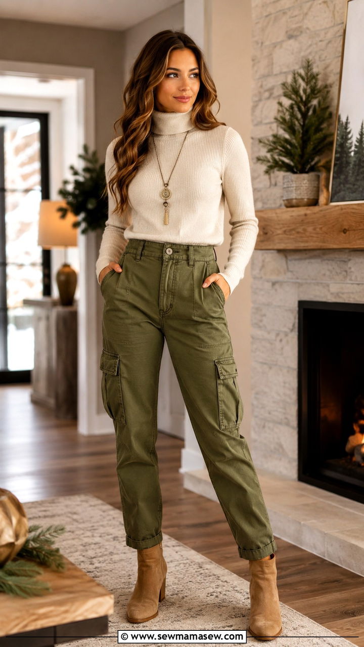 Olive Cargo Pants With Cream Turtleneck - 30 Olive cargo pants outfit ideas
