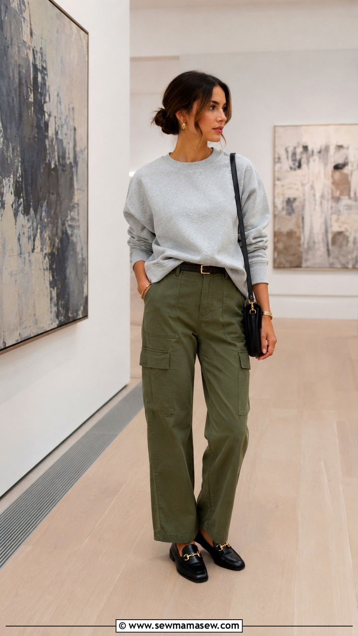 Olive Cargo Pants With Crewneck Sweatshirt And Loafers - 30 Olive cargo pants outfit ideas