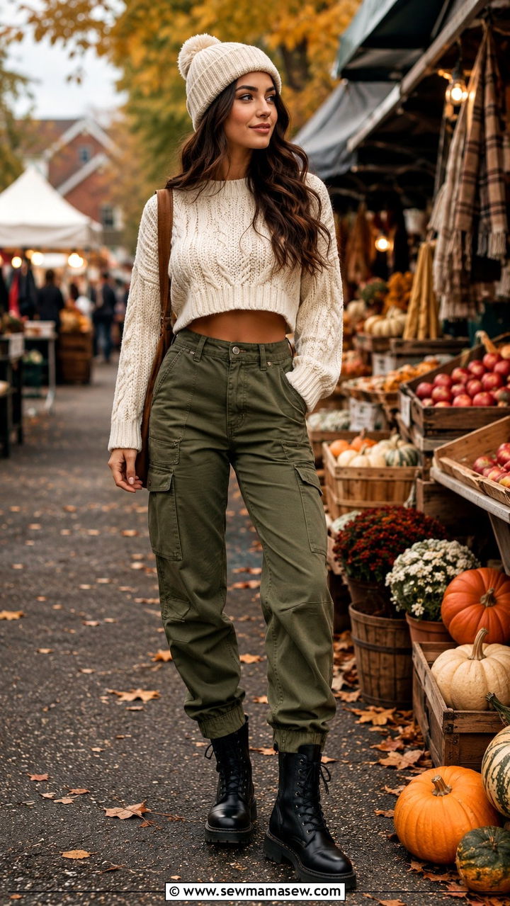 Olive Cargo Pants With Cropped Sweater And Combat Boots - 30 Olive cargo pants outfit ideas