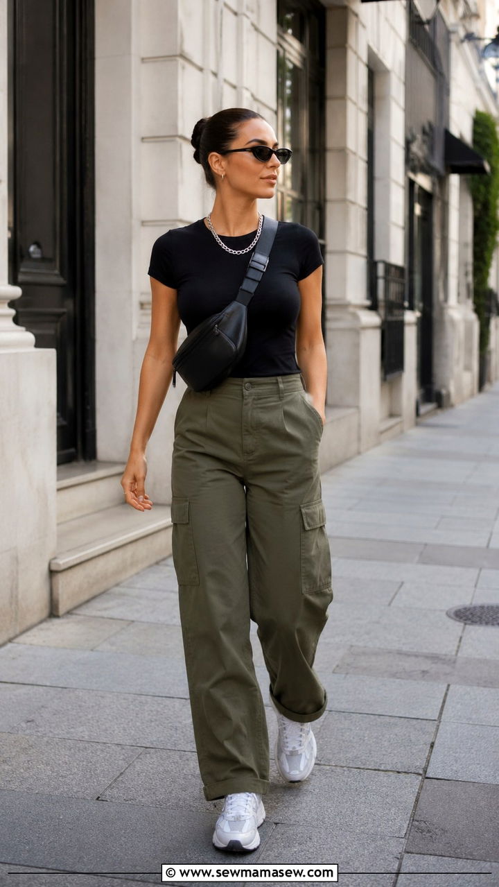 Olive Cargo Pants With Fitted Black Top - 20 summer outfits 2026 women inspo
