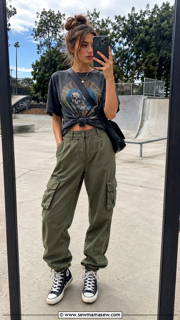 Olive Cargo Pants With Graphic Tee And High Top Sneakers - 30 Olive cargo pants outfit ideas