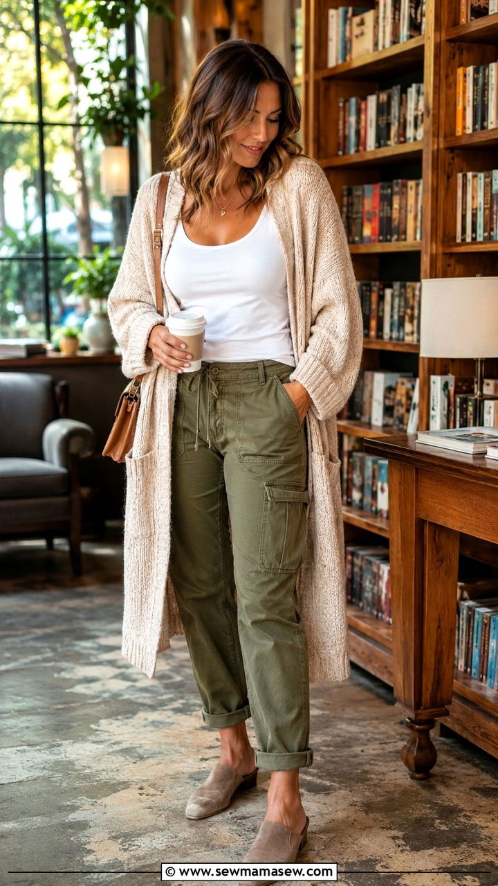 Olive Cargo Pants With Knit Cardigan - 30 Olive cargo pants outfit ideas