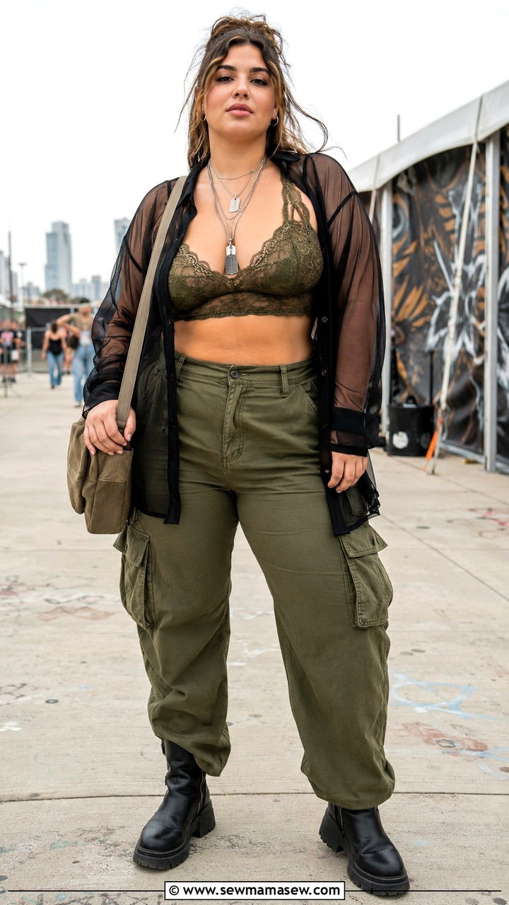 Olive Cargo Pants With Lace Bralette And Open Mesh Layering Top - 30 Plus size outfit ideas for festival