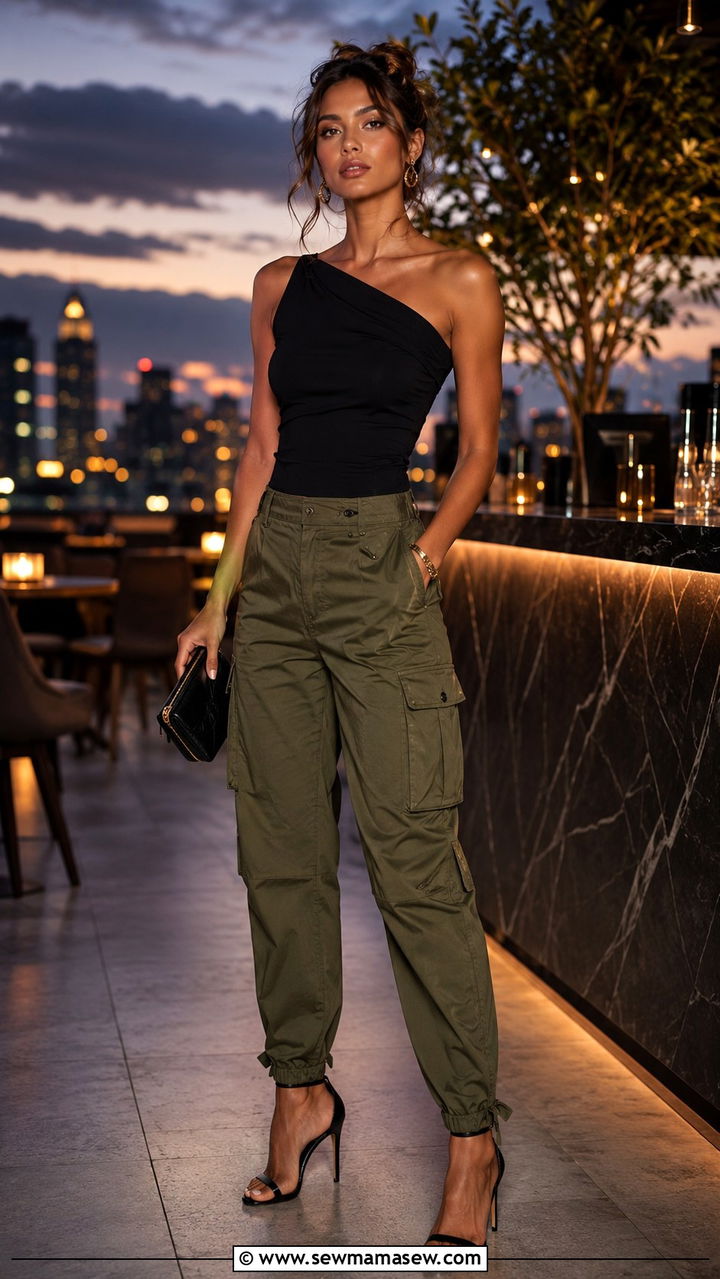 Olive Cargo Pants With One Shoulder Top And Heels - 30 Olive cargo pants outfit ideas