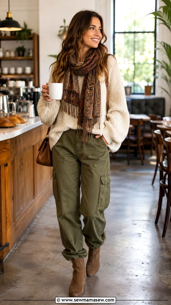 Olive Cargo Pants With Oversized Sweater And Ankle Boots - 30 Olive cargo pants outfit ideas