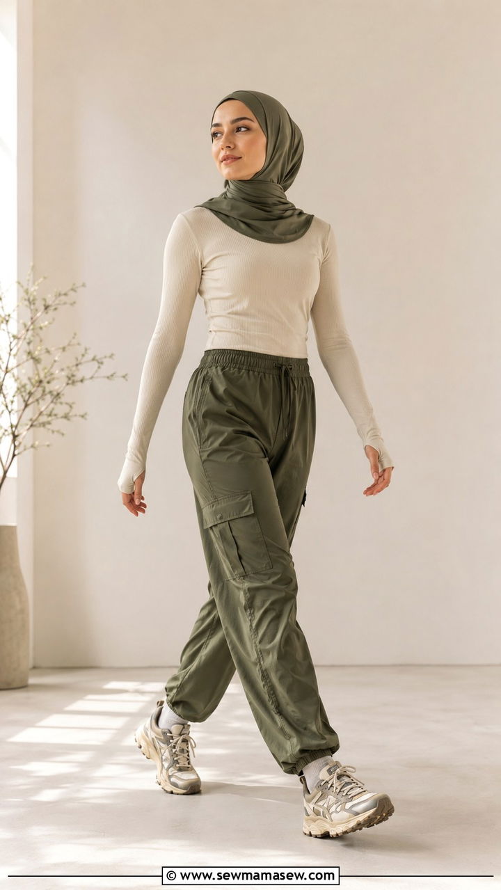 Olive Cargo Pants With Ribbed Long Sleeve Top - 25 Modest yoga outfit ideas with hijab
