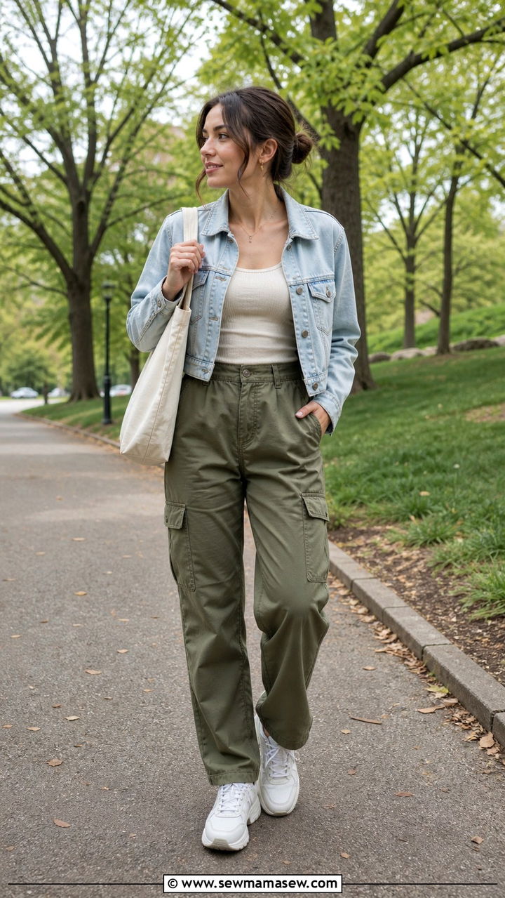 Olive Cargo Pants With Ribbed Tank And Denim Jacket - 40 spring neutral outfit ideas