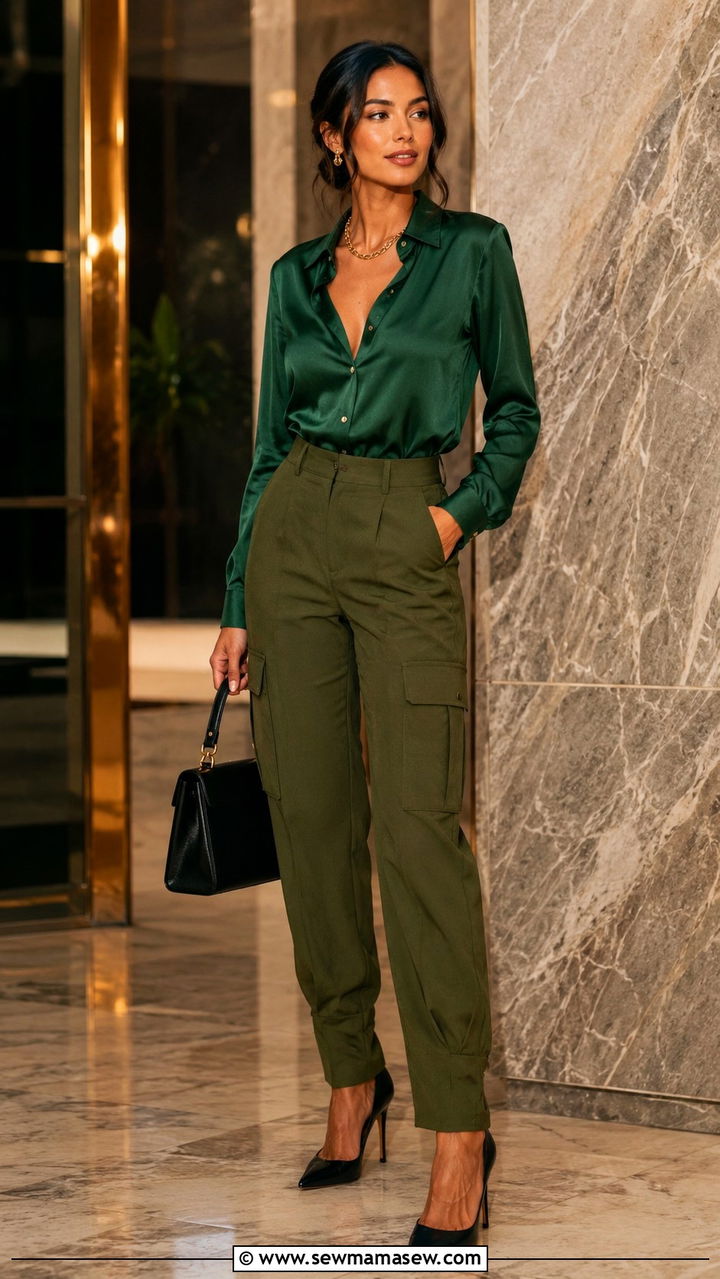 Olive Cargo Pants With Silk Blouse And Pointed Heels - 30 Olive cargo pants outfit ideas