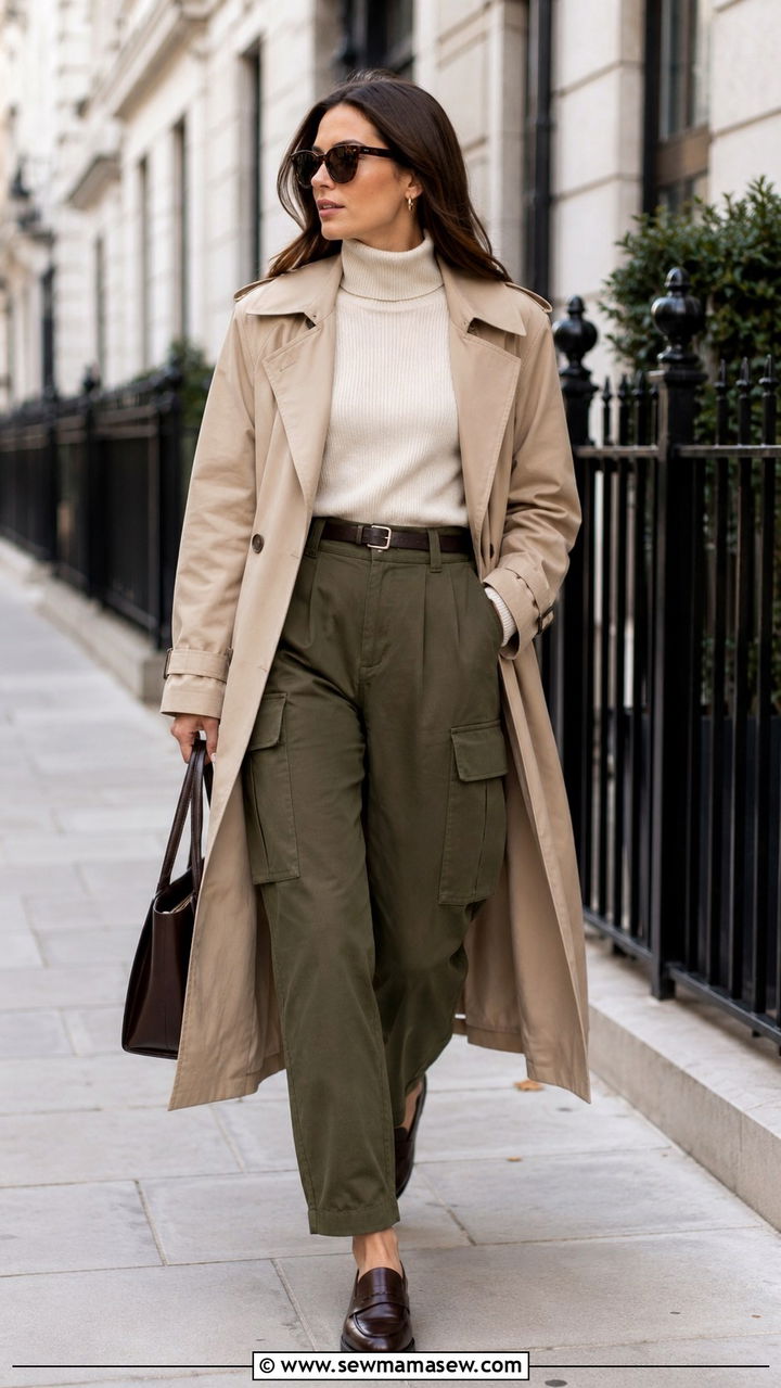 Olive Cargo Pants With Trench Coat And Loafers - 30 Olive cargo pants outfit ideas
