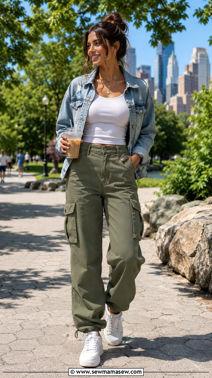 Olive Cargo Pants With White Tank Top And Denim Jacket - 30 Olive cargo pants outfit ideas