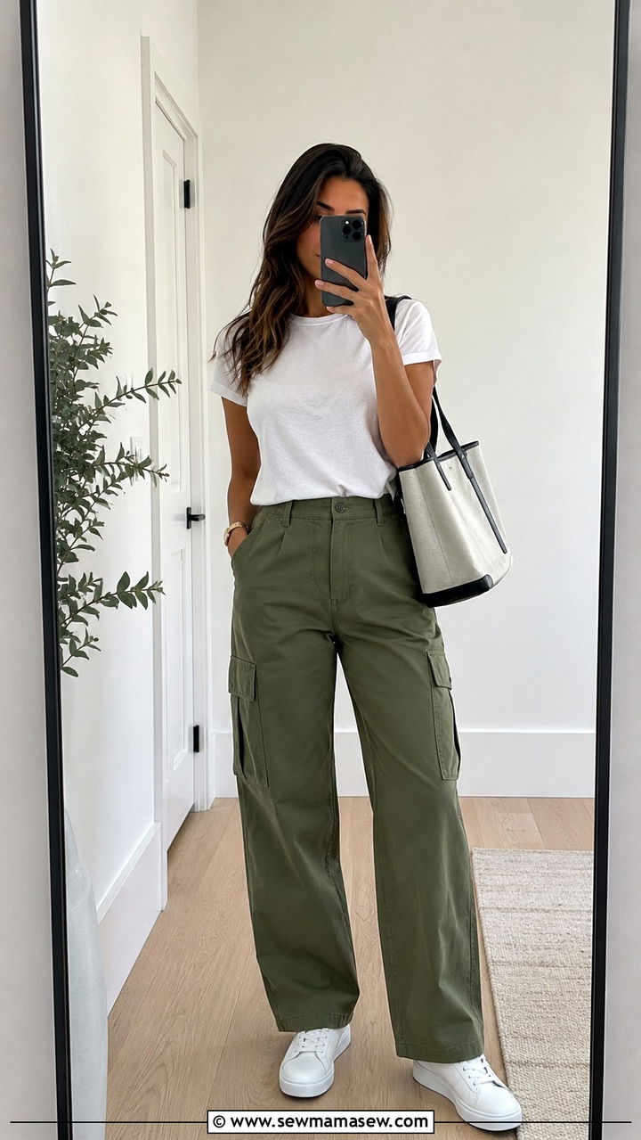 Olive Cargo Pants With White Tee And White Sneakers - 30 Olive cargo pants outfit ideas