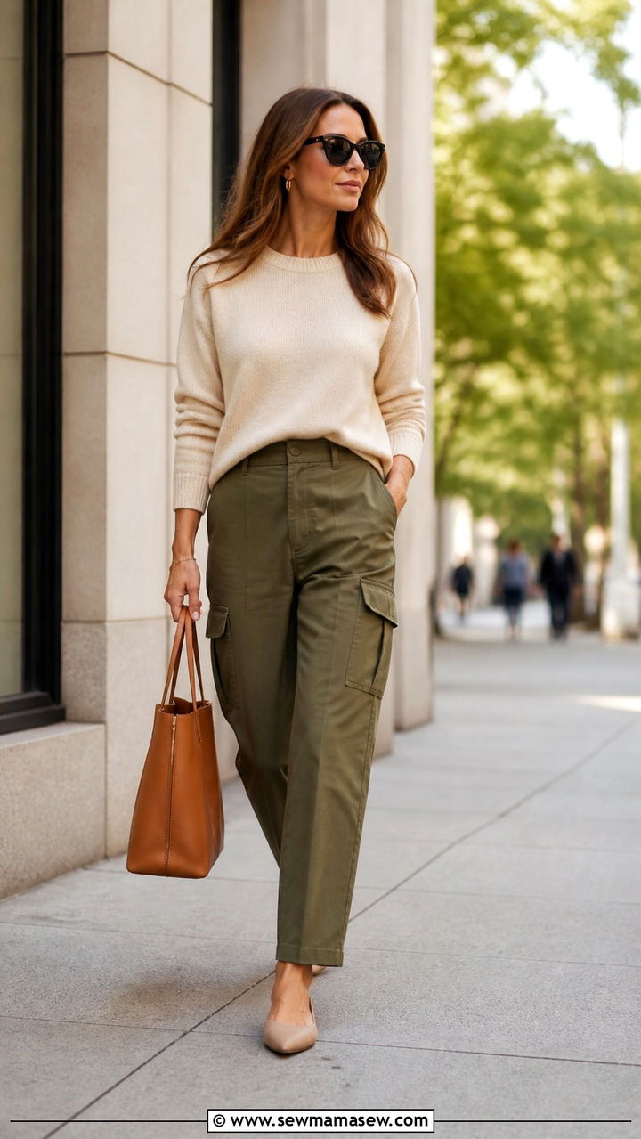 Olive Cargo Pants with Cashmere Crewneck - 40 Spring work outfits