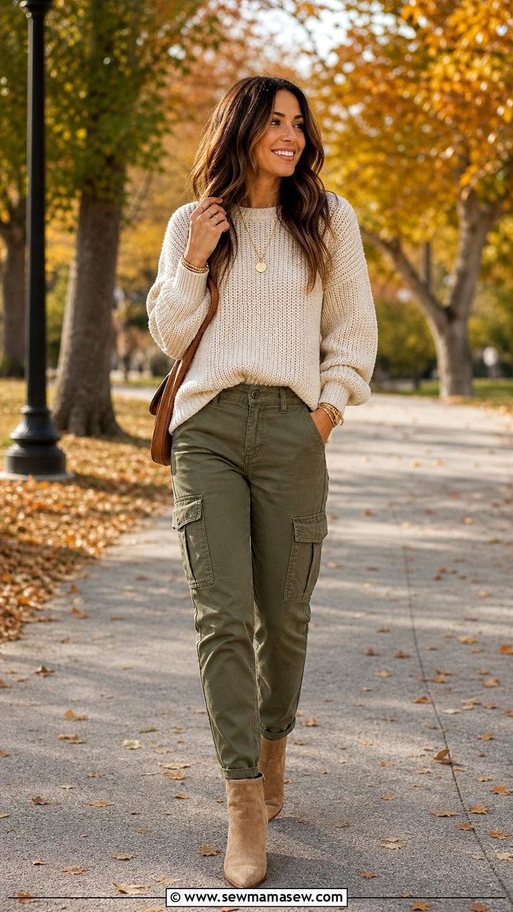 Olive Cargo Pants with Neutral Top Outfit - 40 cargo pants outfits ideas